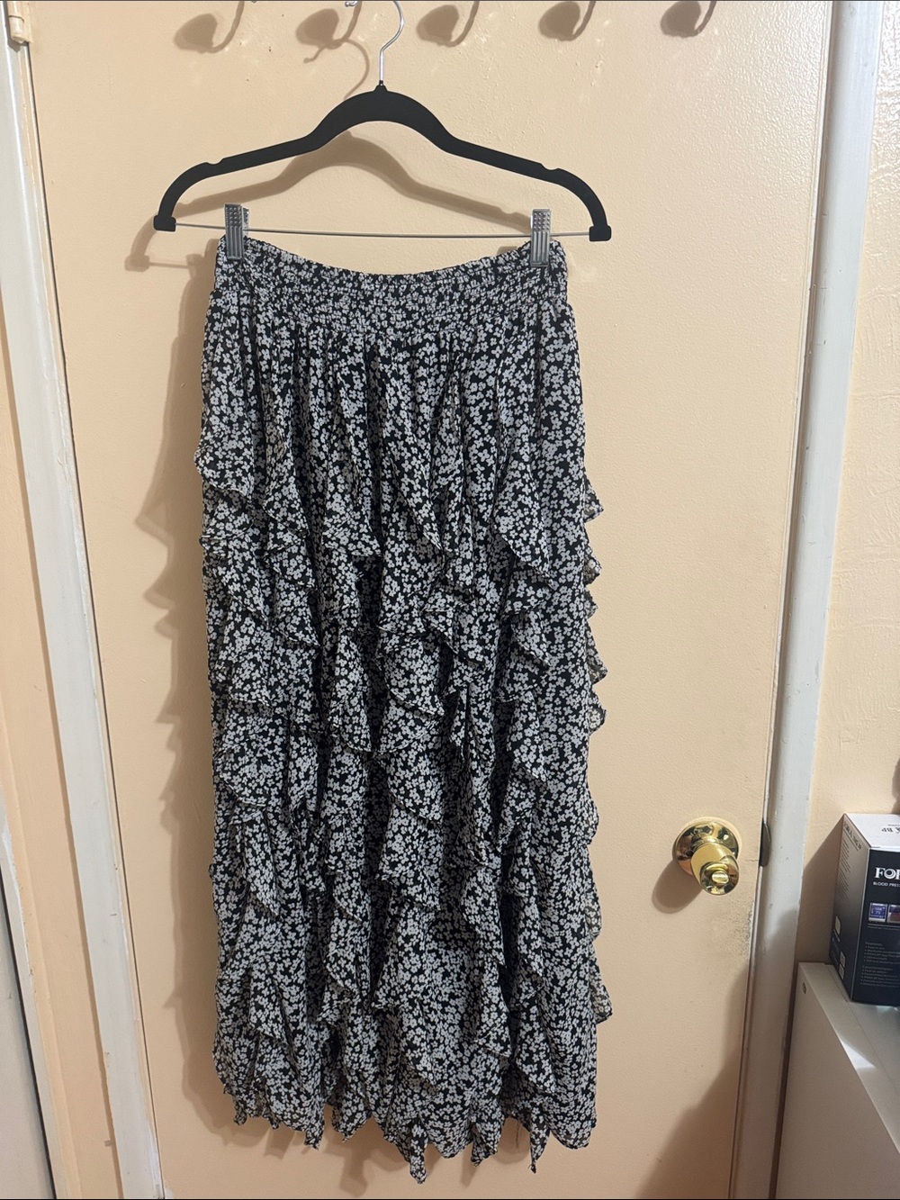 1. State Black and White Floral Ruffle Maxi Skirt